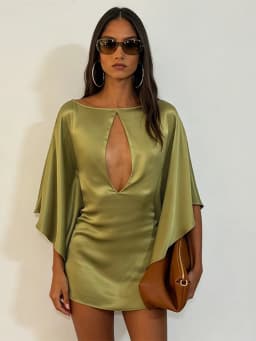 Sexy Satin Mini Dress Women O Neck Batwing Sleeves Hollow Out High Waist Vestidos Female 2026 Summer New Chic Fashion Dresses