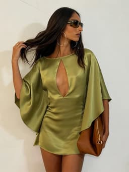 Sexy Satin Mini Dress Women O Neck Batwing Sleeves Hollow Out High Waist Vestidos Female 2026 Summer New Chic Fashion Dresses