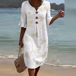 Summer Vintage Printed Dress Women Casual V Neck Half Sleeve Button Design Midi Dresses For Women Loose Beach Holiday Dress Boho