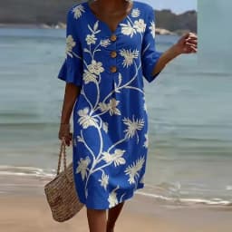 Summer Vintage Printed Dress Women Casual V Neck Half Sleeve Button Design Midi Dresses For Women Loose Beach Holiday Dress Boho