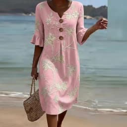 Summer Vintage Printed Dress Women Casual V Neck Half Sleeve Button Design Midi Dresses For Women Loose Beach Holiday Dress Boho