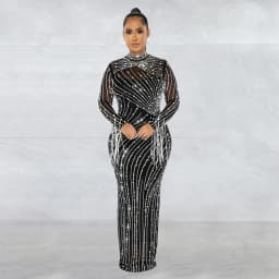 CM.YAYA Women Mesh Tassel Long Sleeve Diamonds Hot Rhinestones Bodycon Midi Maxi Long Dress and Tank Inner Dresses 2piece Suit