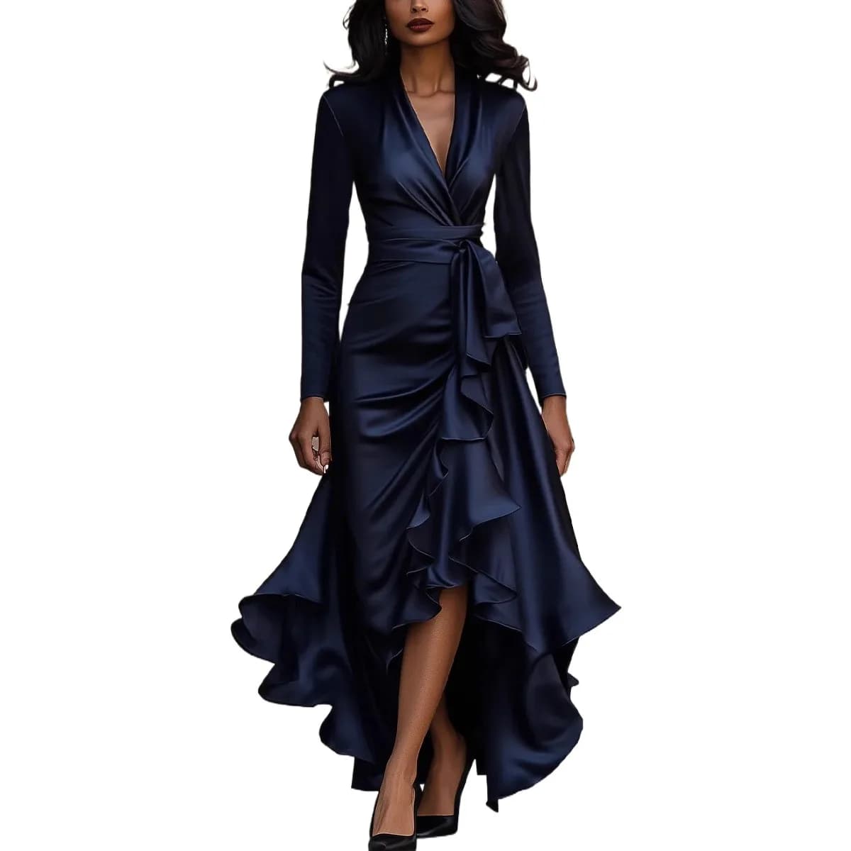 Sexy V Neck Long Sleeve Slash Ribbon Ruffle Trumpet Party Long Dress Spring Autumn Ruffle Irregular Vestidos SZE-5580