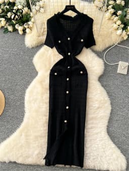 SINGREINY High Quality Elastic Knitted Long Sundress Women Short Sleeves Button Design Office Lady Vintage Split Slim Dress