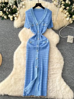 SINGREINY High Quality Elastic Knitted Long Sundress Women Short Sleeves Button Design Office Lady Vintage Split Slim Dress