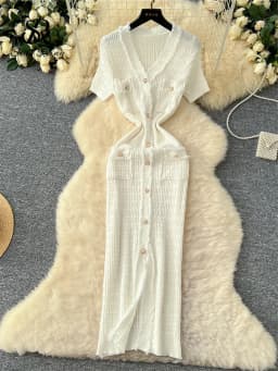 SINGREINY High Quality Elastic Knitted Long Sundress Women Short Sleeves Button Design Office Lady Vintage Split Slim Dress
