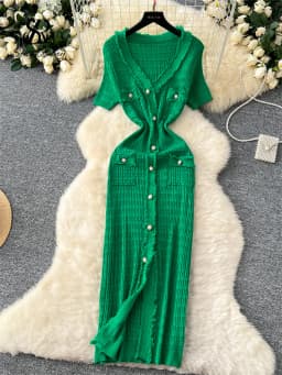 SINGREINY High Quality Elastic Knitted Long Sundress Women Short Sleeves Button Design Office Lady Vintage Split Slim Dress