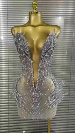 Luxury Women Sexy Silver Sparkly Diamonds Strapless Mini Dress Birthday Performance Costume Singer Stage Nightclub Outfit