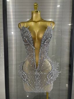 Luxury Women Sexy Silver Sparkly Diamonds Strapless Mini Dress Birthday Performance Costume Singer Stage Nightclub Outfit