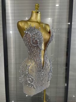 Luxury Women Sexy Silver Sparkly Diamonds Strapless Mini Dress Birthday Performance Costume Singer Stage Nightclub Outfit