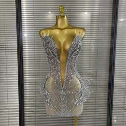 Luxury Women Sexy Silver Sparkly Diamonds Strapless Mini Dress Birthday Performance Costume Singer Stage Nightclub Outfit