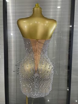 Luxury Women Sexy Silver Sparkly Diamonds Strapless Mini Dress Birthday Performance Costume Singer Stage Nightclub Outfit
