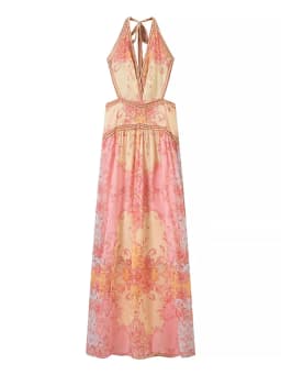 Floral Print Halter Dress Women Chic V-neck Sleeveless Backless Waist-cinching Maxi Dresses 2026 New Summer Lady Vacation Robes