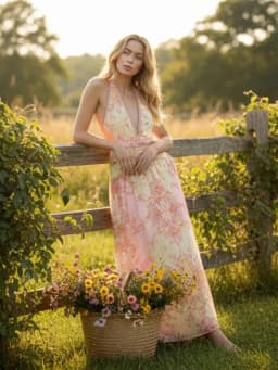 Floral Print Halter Dress Women Chic V-neck Sleeveless Backless Waist-cinching Maxi Dresses 2026 New Summer Lady Vacation Robes