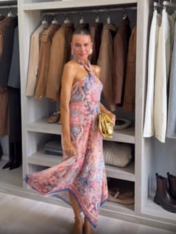 Floral Print Halter Dress Women Chic V-neck Sleeveless Backless Waist-cinching Maxi Dresses 2026 New Summer Lady Vacation Robes