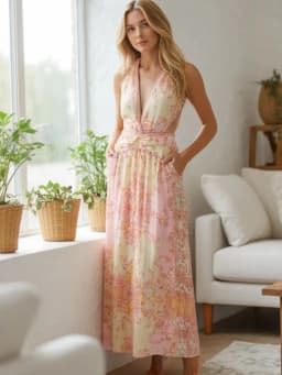 Floral Print Halter Dress Women Chic V-neck Sleeveless Backless Waist-cinching Maxi Dresses 2026 New Summer Lady Vacation Robes
