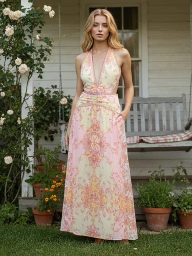 Floral Print Halter Dress Women Chic V-neck Sleeveless Backless Waist-cinching Maxi Dresses 2026 New Summer Lady Vacation Robes