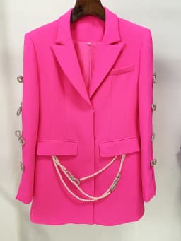 HIGH STREET Newest 2026 Designer Stylish Fashion Women's Pearls Chain Diamonds Beaded Hollow Out Bow Sleeve Blazer Dress