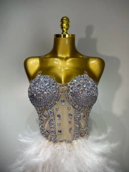 Women Sexy Sparkly Rhinestone Feather Mesh Long Dress Elegant Evening Party Celebrate Luxury Birthday Singer Stage Costume