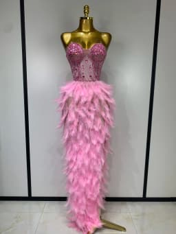 Women Sexy Sparkly Rhinestone Feather Mesh Long Dress Elegant Evening Party Celebrate Luxury Birthday Singer Stage Costume