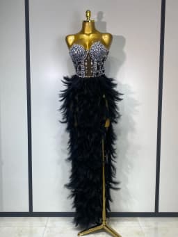 Women Sexy Sparkly Rhinestone Feather Mesh Long Dress Elegant Evening Party Celebrate Luxury Birthday Singer Stage Costume
