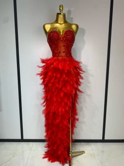 Women Sexy Sparkly Rhinestone Feather Mesh Long Dress Elegant Evening Party Celebrate Luxury Birthday Singer Stage Costume