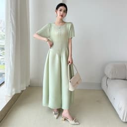 LANMREM High End Purple Pleated Women's Dress 2025 New Round Neck Short Sleeved Spliced Design Ball Gown Summer Dresses 2DB3489
