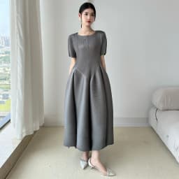 LANMREM High End Purple Pleated Women's Dress 2025 New Round Neck Short Sleeved Spliced Design Ball Gown Summer Dresses 2DB3489