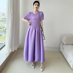 LANMREM High End Purple Pleated Women's Dress 2025 New Round Neck Short Sleeved Spliced Design Ball Gown Summer Dresses 2DB3489