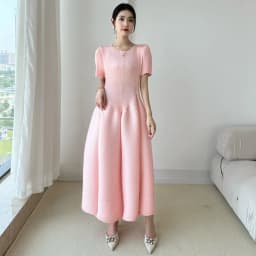 LANMREM High End Purple Pleated Women's Dress 2025 New Round Neck Short Sleeved Spliced Design Ball Gown Summer Dresses 2DB3489