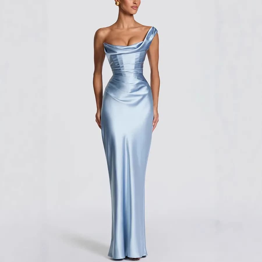 New One Shoulder Satin Women 's Maxi Dress Cowl Neck Ruched Waist Bodycon Dresses Summer Woman Formal Evening Party Vestidos