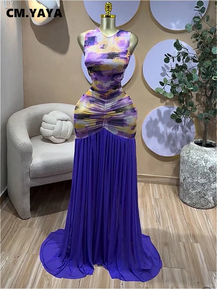 CM.YAYA Women Printed Ruched Stacked Sleeveless Long Maxi Dress 2026 Summer Evening Party Beach Vacation Sexy Dresses Vestido