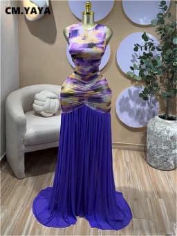 CM.YAYA Women Printed Ruched Stacked Sleeveless Long Maxi Dress 2026 Summer Evening Party Beach Vacation Sexy Dresses Vestido