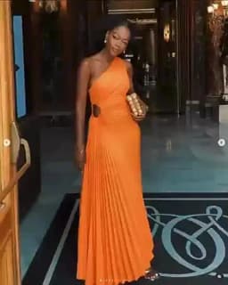 CMYAYA Women One Shoulder Sleeveless Roll Waist Pleated Ruched A-line Dress Sexy Party Prom Evening Maxi Dresses Orange Vestidos
