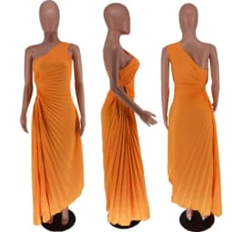 CMYAYA Women One Shoulder Sleeveless Roll Waist Pleated Ruched A-line Dress Sexy Party Prom Evening Maxi Dresses Orange Vestidos