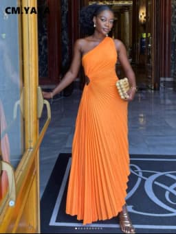 CMYAYA Women One Shoulder Sleeveless Roll Waist Pleated Ruched A-line Dress Sexy Party Prom Evening Maxi Dresses Orange Vestidos