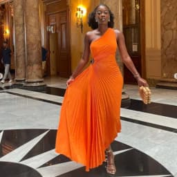 CMYAYA Women One Shoulder Sleeveless Roll Waist Pleated Ruched A-line Dress Sexy Party Prom Evening Maxi Dresses Orange Vestidos