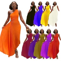 CMYAYA Women One Shoulder Sleeveless Roll Waist Pleated Ruched A-line Dress Sexy Party Prom Evening Maxi Dresses Orange Vestidos