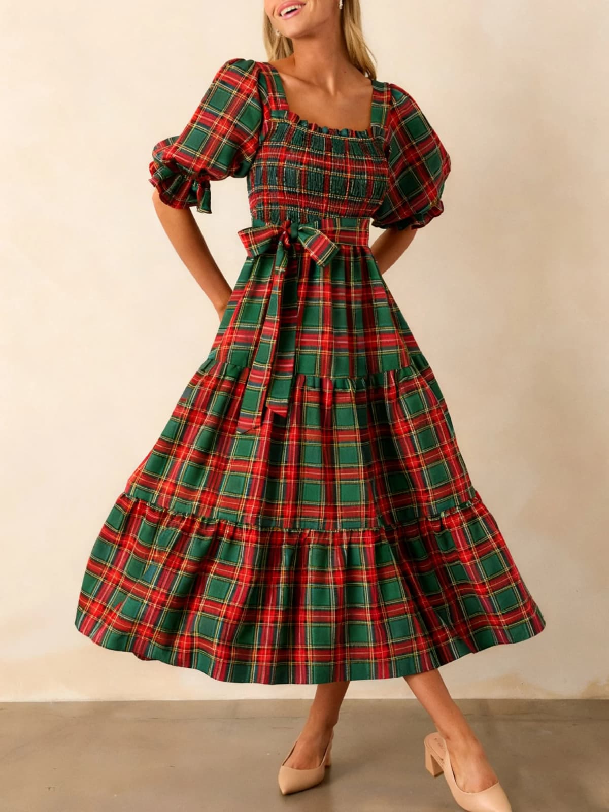 Xingqing Christmas Dress Women Classic Plaid Print Square Neck Puff Sleeve A Line Long Dress with Bow Decor Club Party Dresses