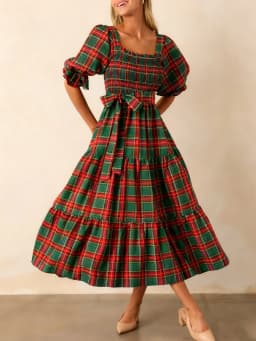 Xingqing Christmas Dress Women Classic Plaid Print Square Neck Puff Sleeve A Line Long Dress with Bow Decor Club Party Dresses