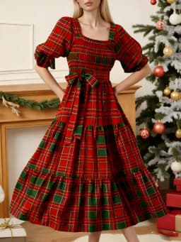 Xingqing Christmas Dress Women Classic Plaid Print Square Neck Puff Sleeve A Line Long Dress with Bow Decor Club Party Dresses