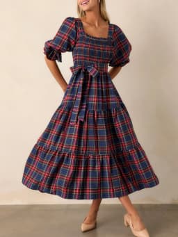 Xingqing Christmas Dress Women Classic Plaid Print Square Neck Puff Sleeve A Line Long Dress with Bow Decor Club Party Dresses