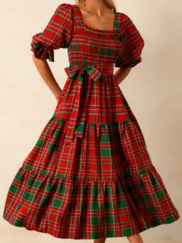 Xingqing Christmas Dress Women Classic Plaid Print Square Neck Puff Sleeve A Line Long Dress with Bow Decor Club Party Dresses