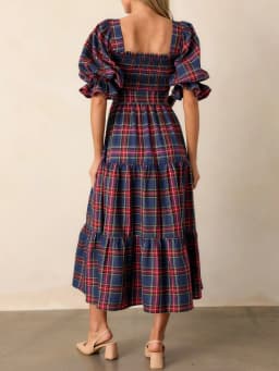 Xingqing Christmas Dress Women Classic Plaid Print Square Neck Puff Sleeve A Line Long Dress with Bow Decor Club Party Dresses