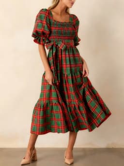 Xingqing Christmas Dress Women Classic Plaid Print Square Neck Puff Sleeve A Line Long Dress with Bow Decor Club Party Dresses