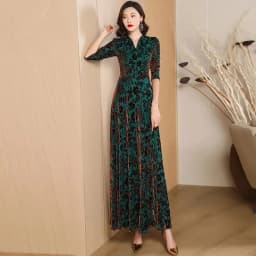 Spring Autumn New Gold Velvet Long Sleeve Dress For Women High Grade Green Plush Jacquard Long Dress Female Elegant Dresses 4XL