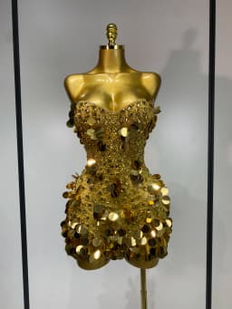 Sparkly Gold Rhinestone Sequins Sexy Strapless Mesh See Through Mini Dress Women Eveing Party Birthday Nightclub Stage Costume