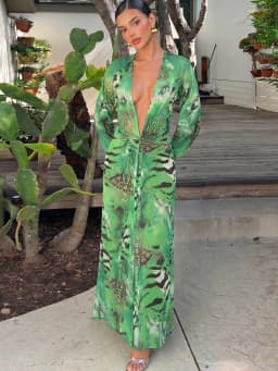 Weird Puss Tiger Stripe Print Long Dress Woman Autumn Trend Deep V-Neck Backless Lantern Sleeve Beach Party Elegant Vestidos