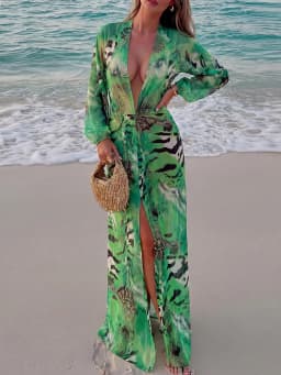 Weird Puss Tiger Stripe Print Long Dress Woman Autumn Trend Deep V-Neck Backless Lantern Sleeve Beach Party Elegant Vestidos