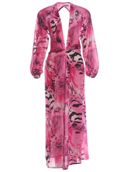Weird Puss Tiger Stripe Print Long Dress Woman Autumn Trend Deep V-Neck Backless Lantern Sleeve Beach Party Elegant Vestidos